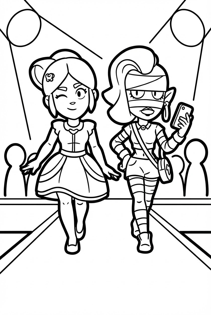 Brawl Stars kleurplaat van Piper en Emz op een modeshow catwalk met spotlights en sterren.