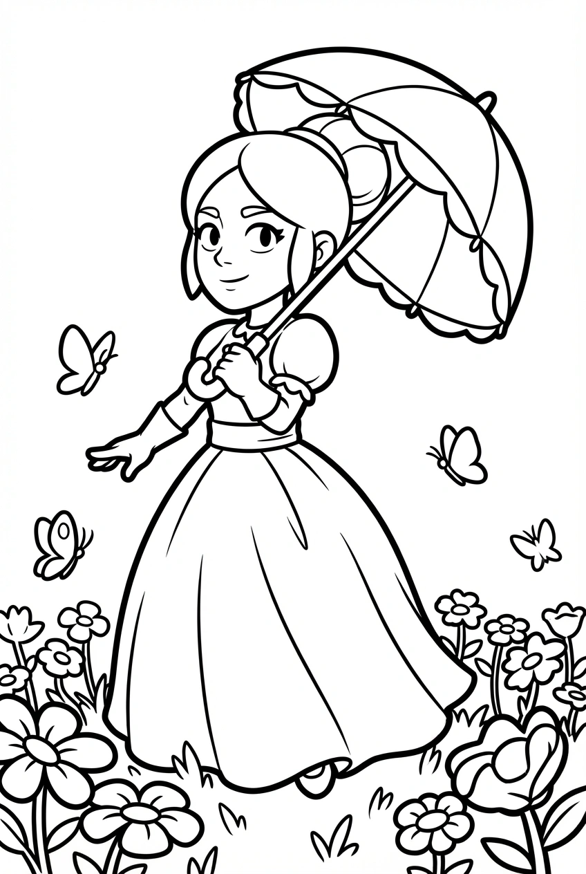 Brawl Stars kleurplaat van Piper met een parasol in een bloemenveld met vlinders.