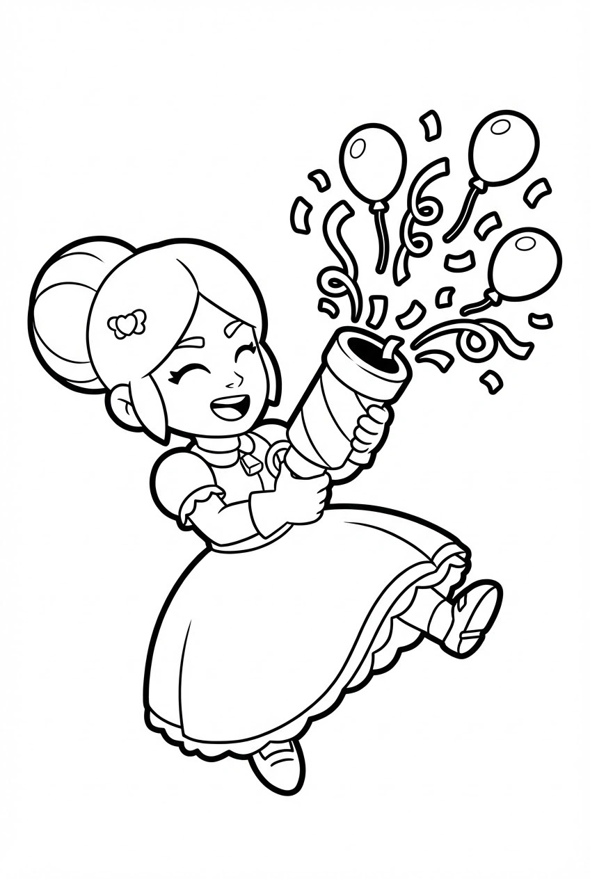 Brawl Stars kleurplaat van Piper met een feestkanon dat confetti schiet en slingers.
