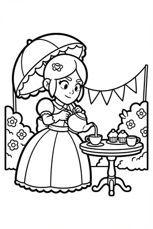 Brawl Stars kleurplaat van Piper die thee serveert op een tuinfeest met taartjes en bloemen.