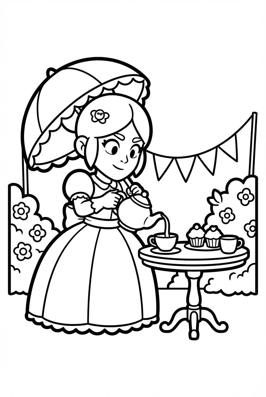 Brawl Stars kleurplaat van Piper die thee serveert op een tuinfeest met taartjes en bloemen.