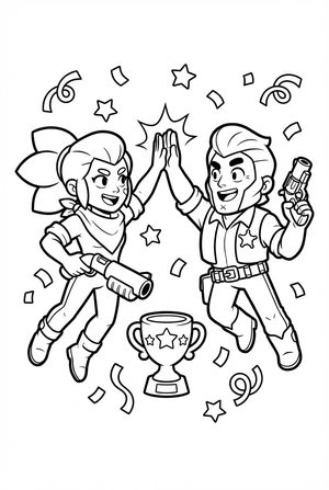 Brawl Stars kleurplaat van Shelly en Colt die high five geven met een trofee op de achtergrond.