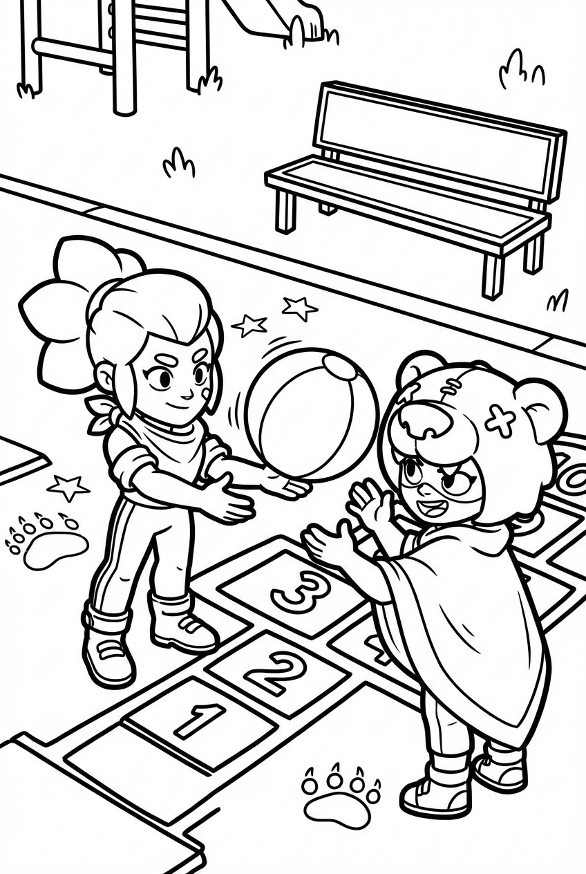 Brawl Stars kleurplaat van Shelly en Nita op een schoolplein met een bal, stoepkrijt en bankje.