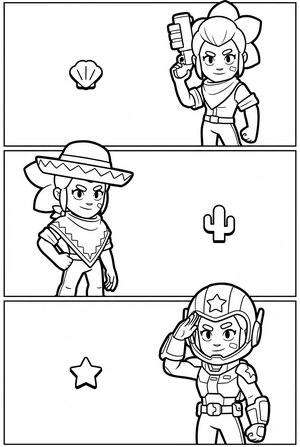 Brawl Stars kleurplaat met Shelly in 3 verschillende skins outfits in aparte vakjes om te kleuren.