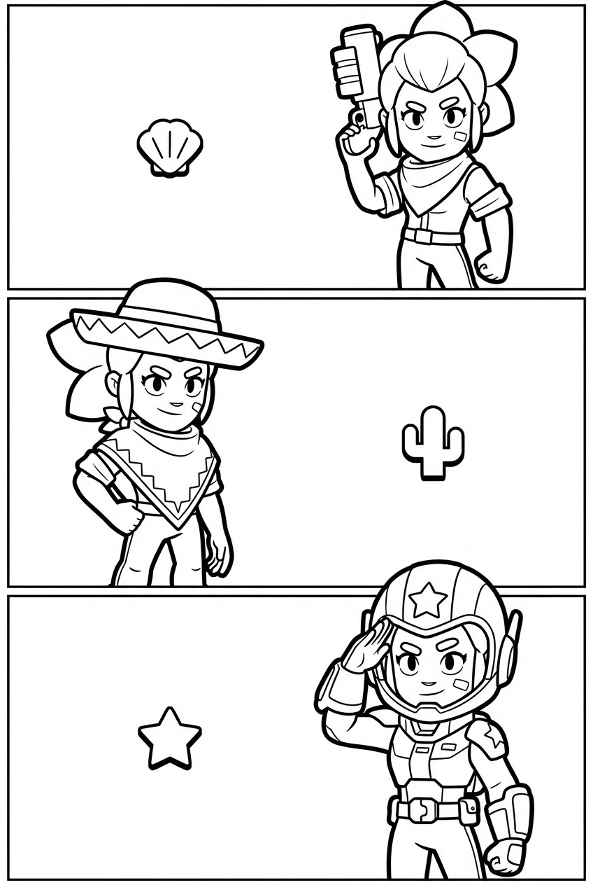 Brawl Stars kleurplaat met Shelly in 3 verschillende skins outfits in aparte vakjes om te kleuren.