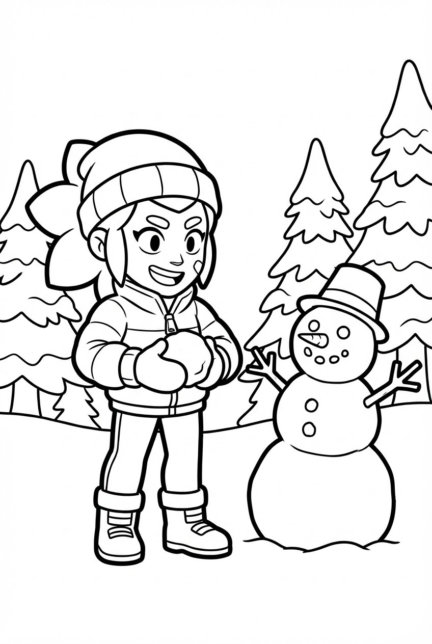 Brawl Stars kleurplaat van Shelly in een sneeuwlandschap met wanten, sneeuwpop en dennenbomen.
