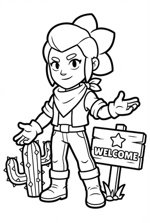 Brawl Stars kleurplaat van Shelly met haar shotgun in een woestijn met cactussen, klaar om in te kleuren.