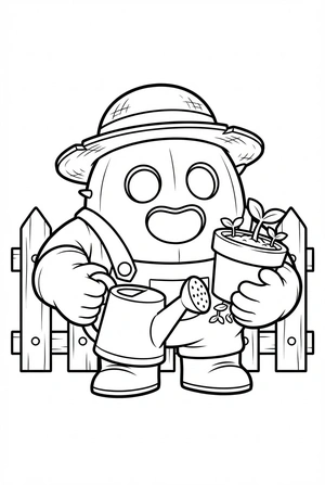 Brawl Stars kleurplaat van Spike als tuinier met een gieter, bloempot en bloemen.