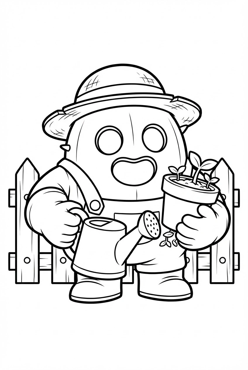 Brawl Stars kleurplaat van Spike als tuinier met een gieter, bloempot en bloemen.