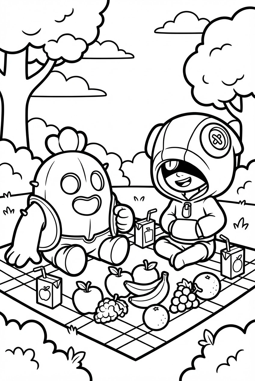 Brawl Stars kleurplaat van Spike en Leon die picknicken met sapjes en een kleedje.