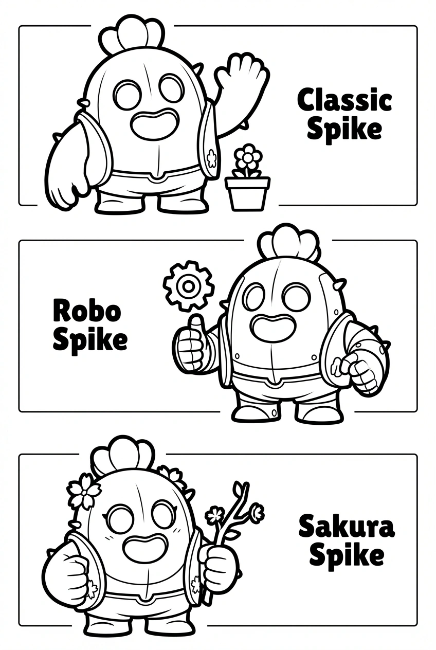 Brawl Stars kleurplaat met Spike in 3 varianten skins, klaar om in te kleuren in vakjes.