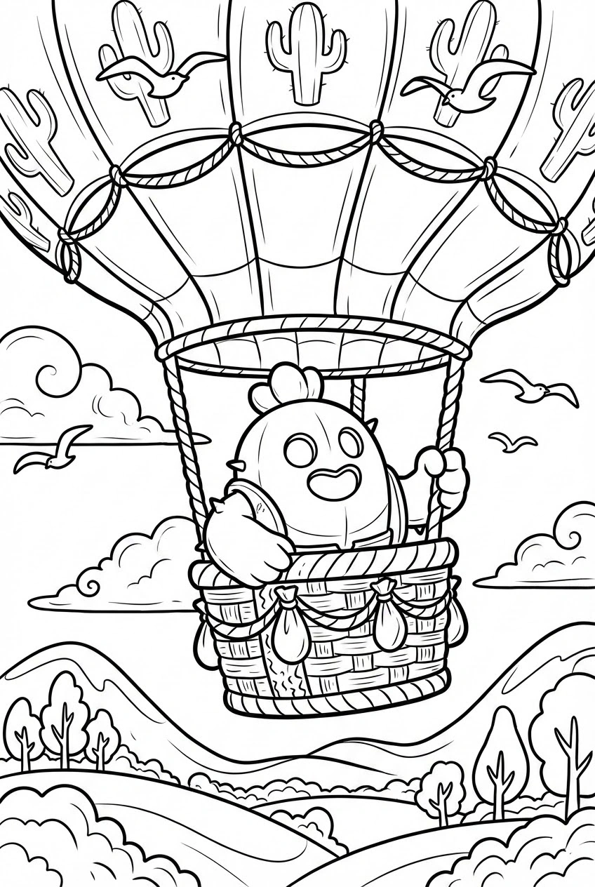 Brawl Stars kleurplaat van Spike in een luchtballon boven heuvels en wolken, klaar om te kleuren.