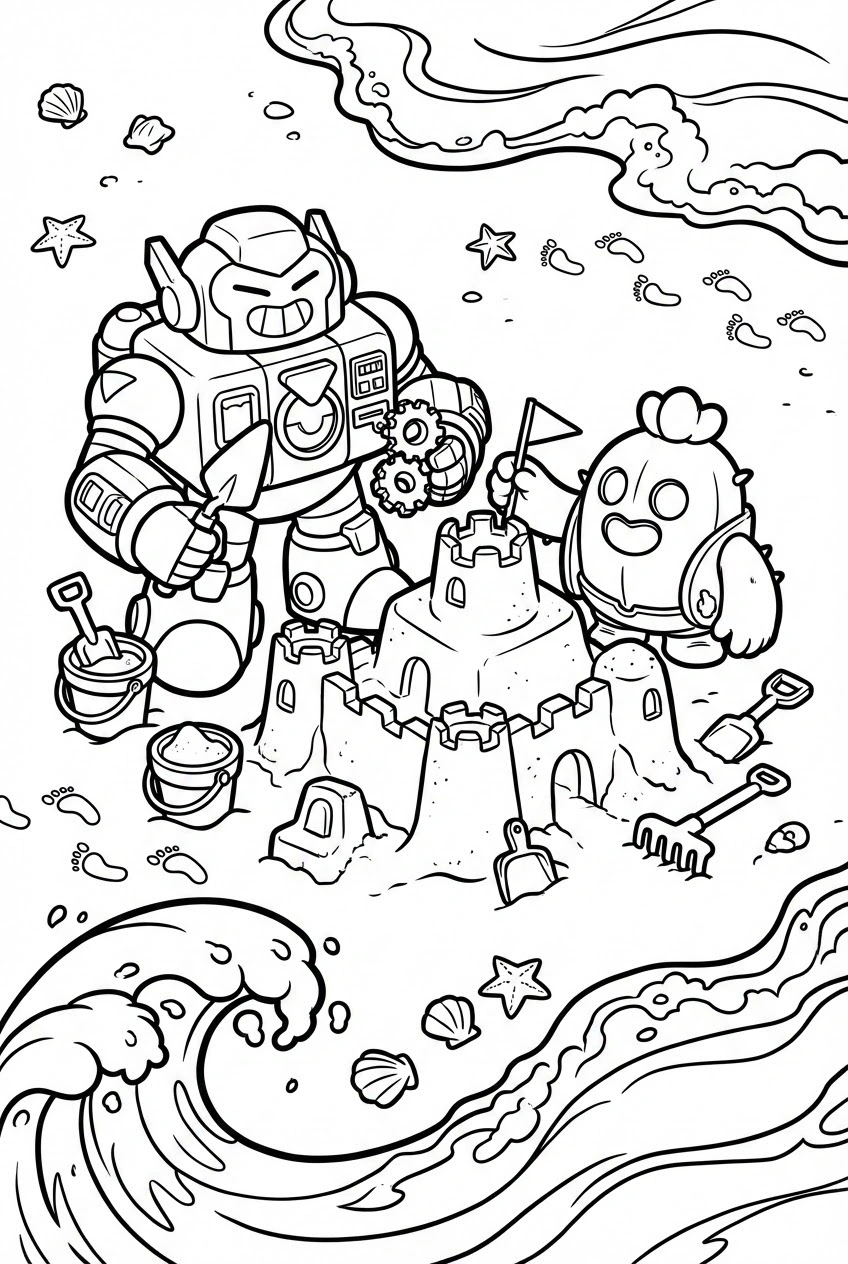Brawl Stars kleurplaat van Surge en Spike die een zandkasteel bouwen op het strand.