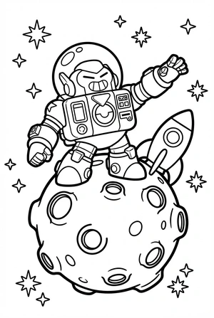 Brawl Stars kleurplaat van Surge in een ruimtepak op een planeet met sterren en een raket.