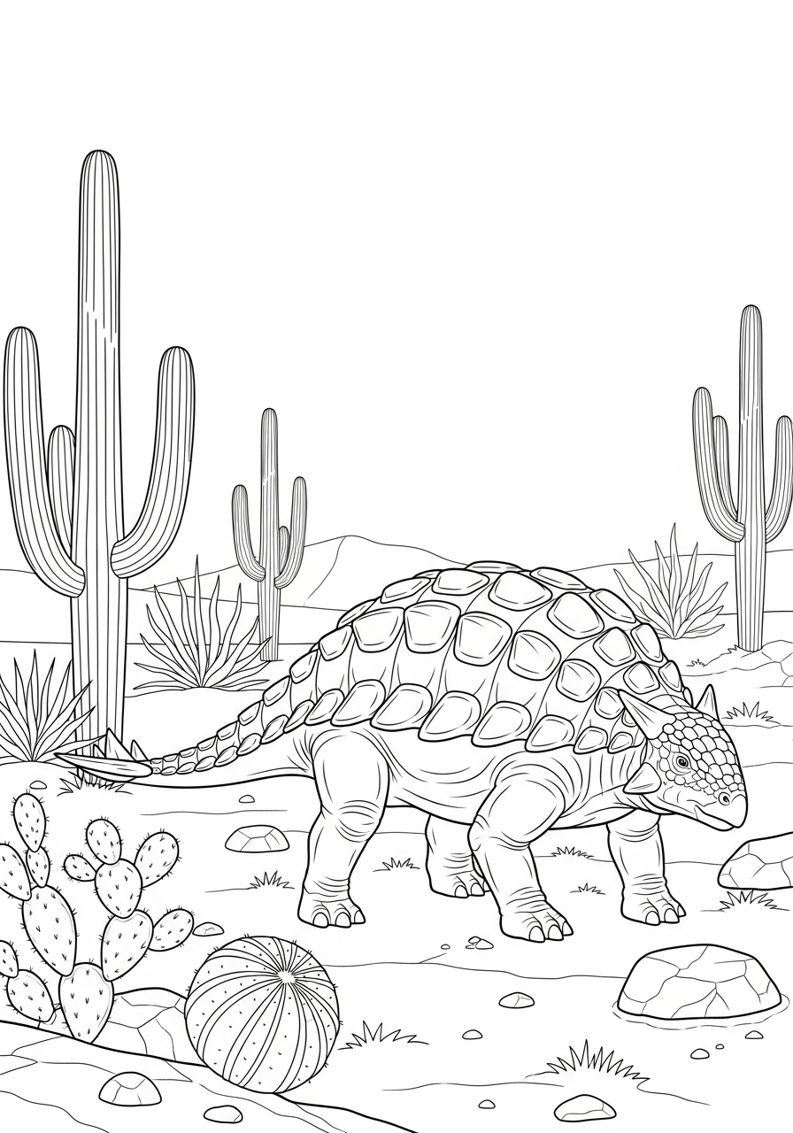 Ankylosaurus loopt door een droog woestijnlandschap met cactussen kleurplaat
