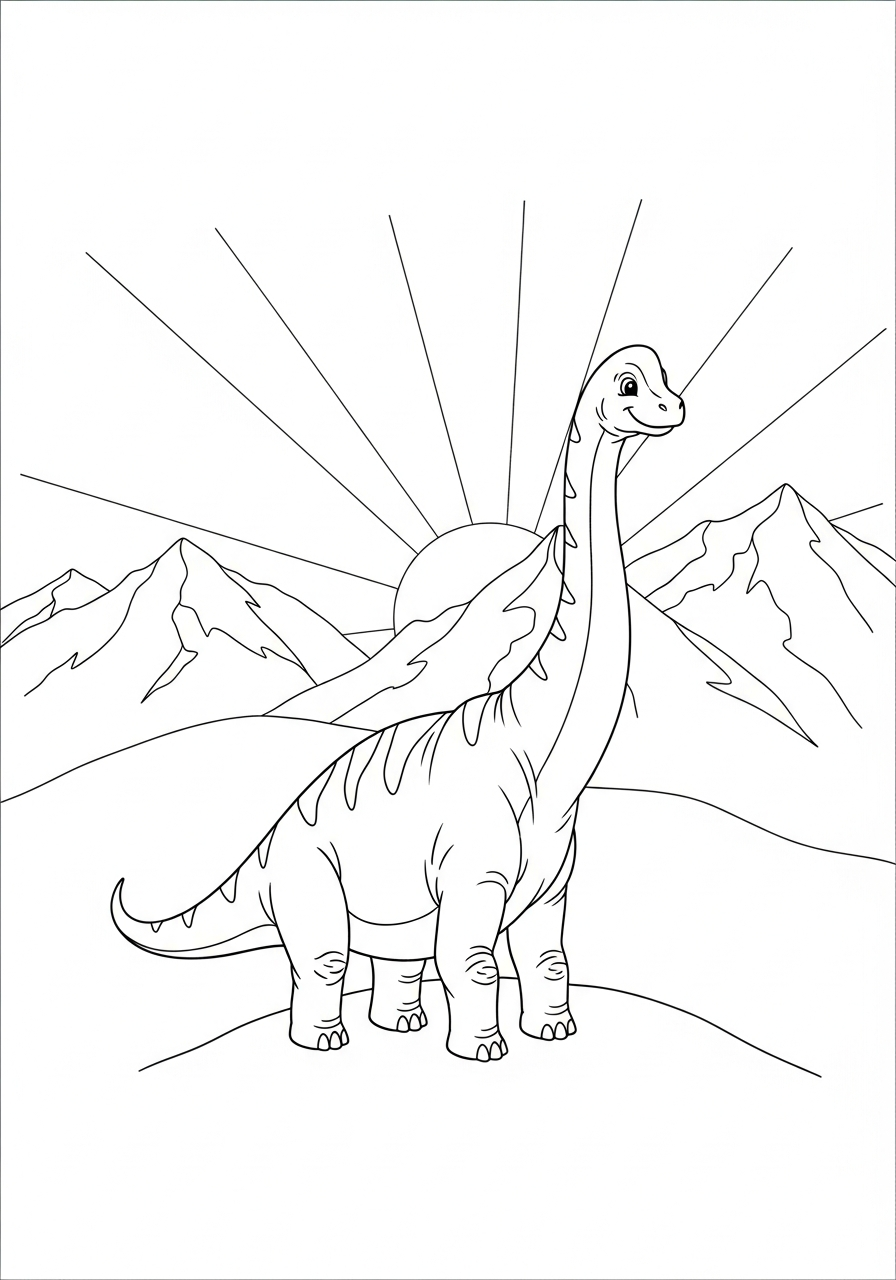 Brachiosaurus staat op een heuvel bij een opkomende zon kleurplaat