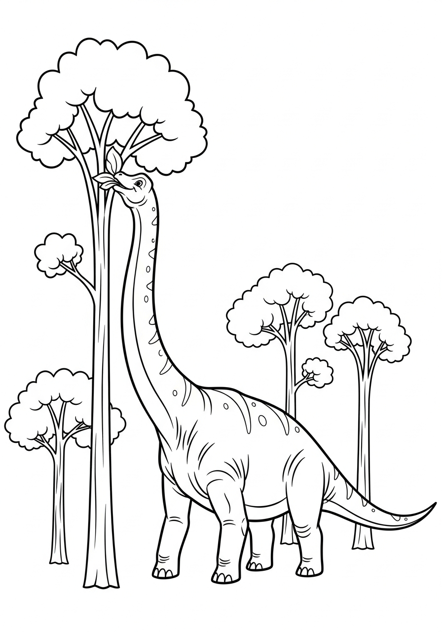 Brachiosaurus rekt zijn nek uit om bladeren uit een hoge boom te eten kleurplaat