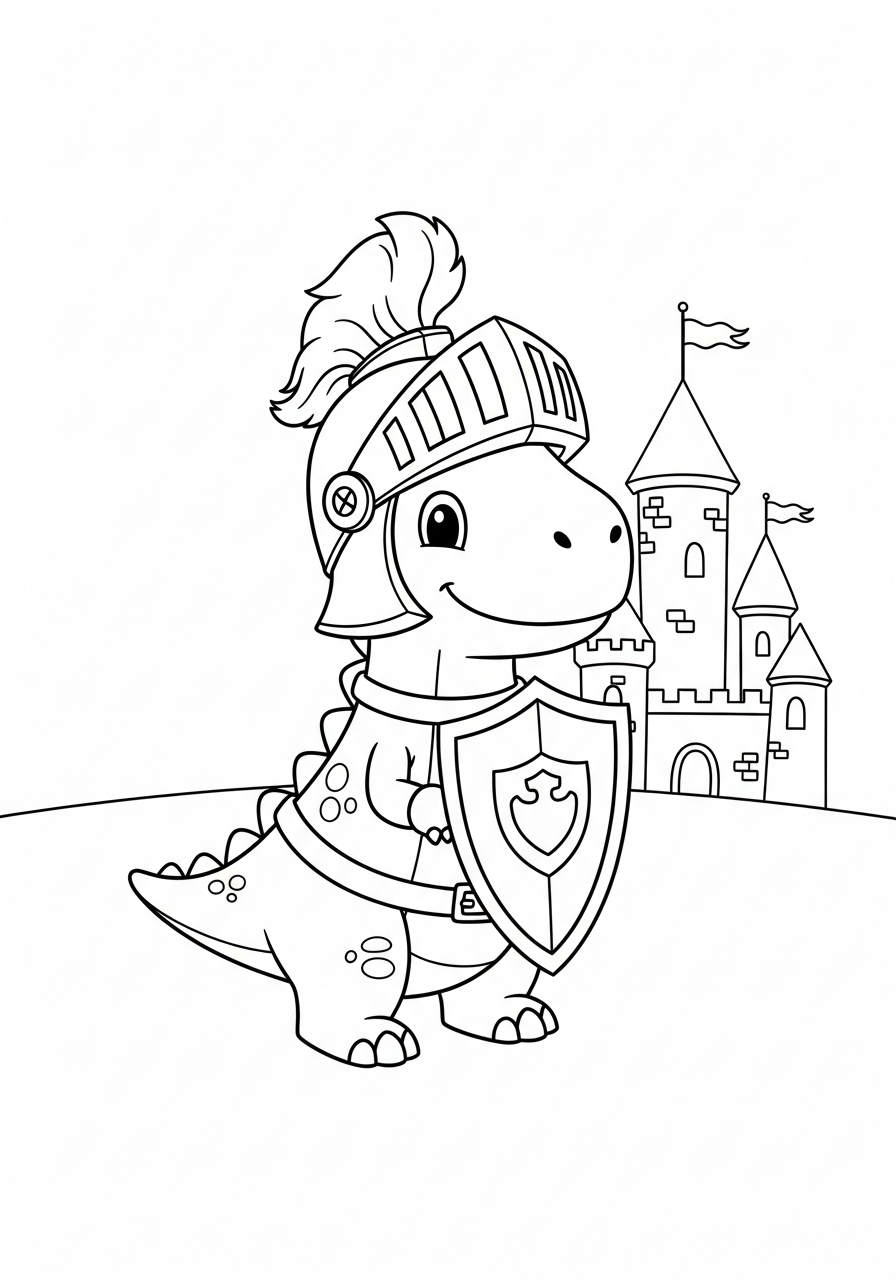Cartoon dinosaurus verkleed als ridder met helm en schild kleurplaat