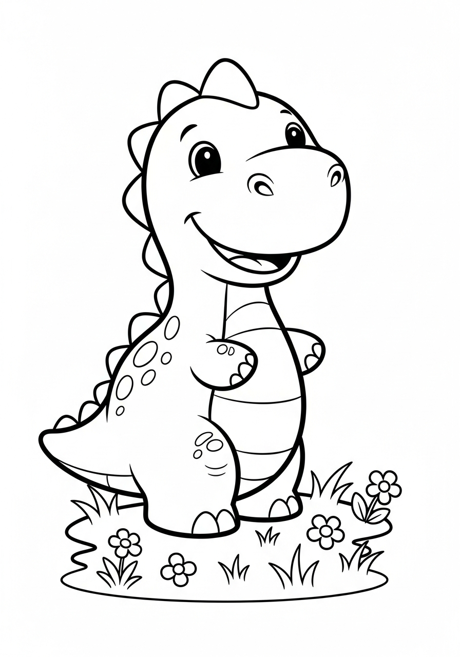 Schattige dinosaurus met grote glimlach en eenvoudige vormen voor kinderen kleurplaat