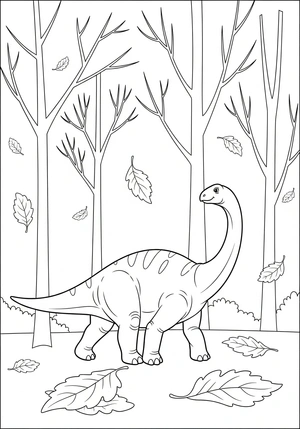 Dino in een herfstbos vol bladeren kleurplaat