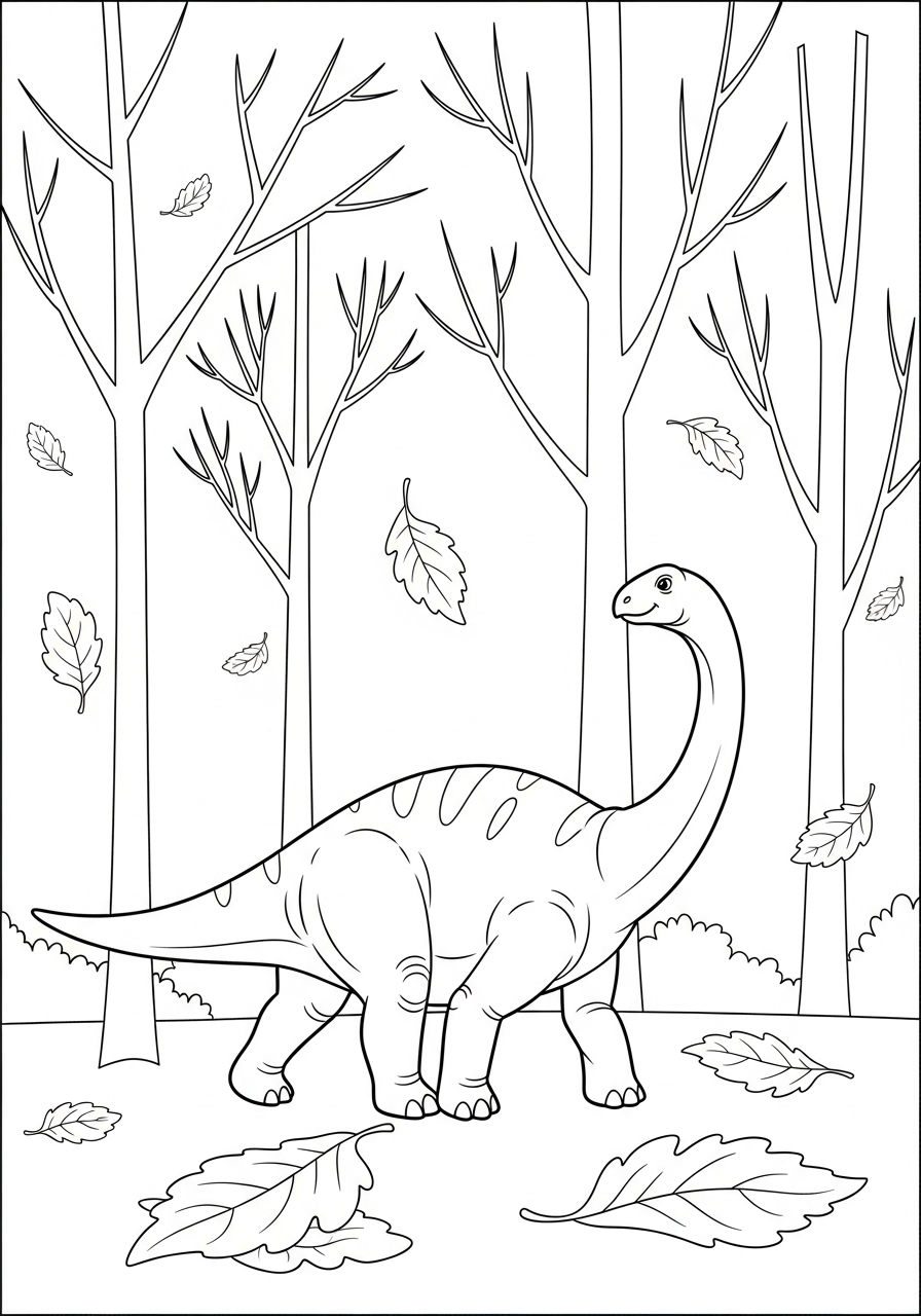 Dinosaurus wandelt door een herfstbos met vallende bladeren kleurplaat