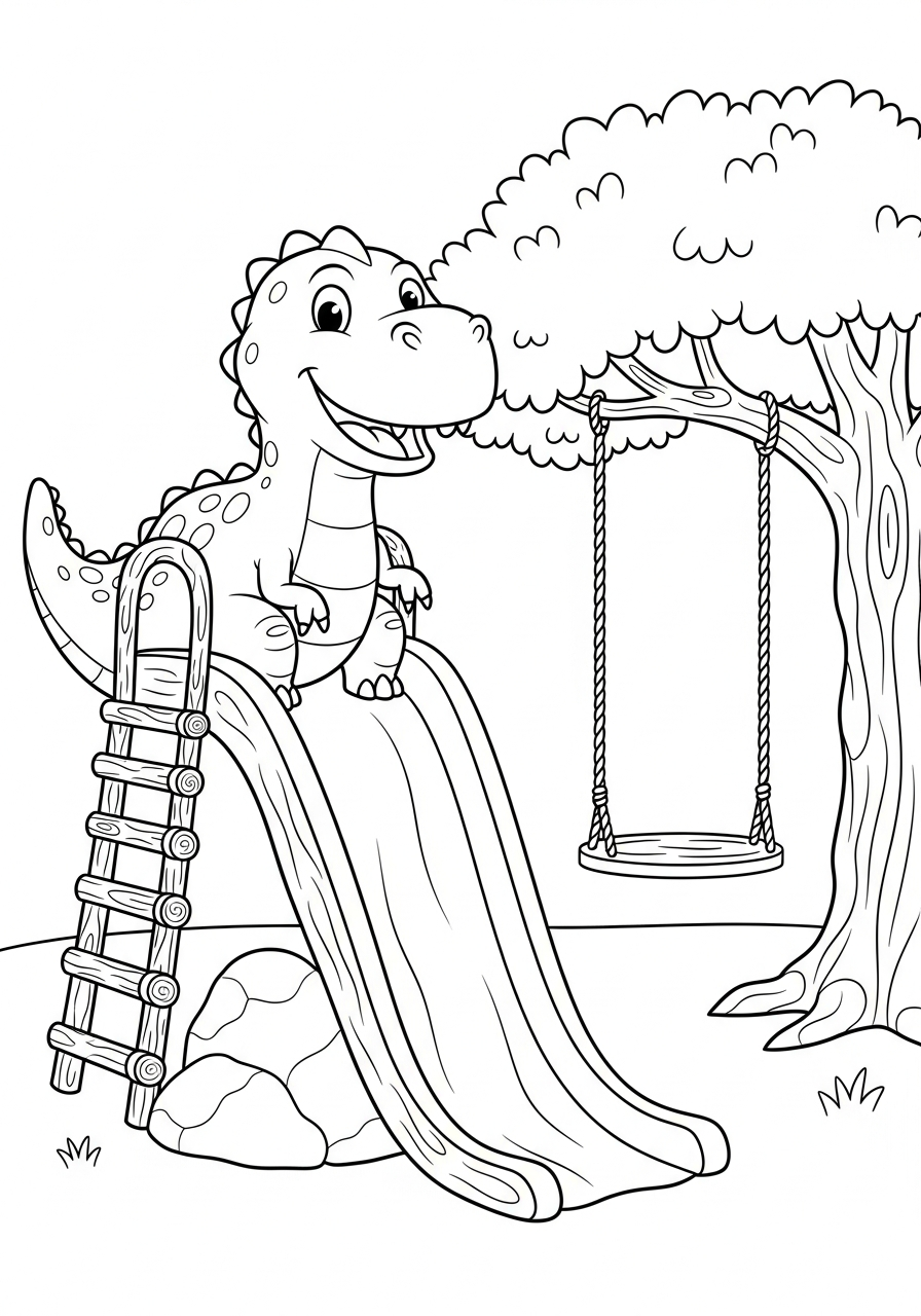 Vrolijke dino speelt in een speeltuin met rotsglijbaan en boomschommel kleurplaat