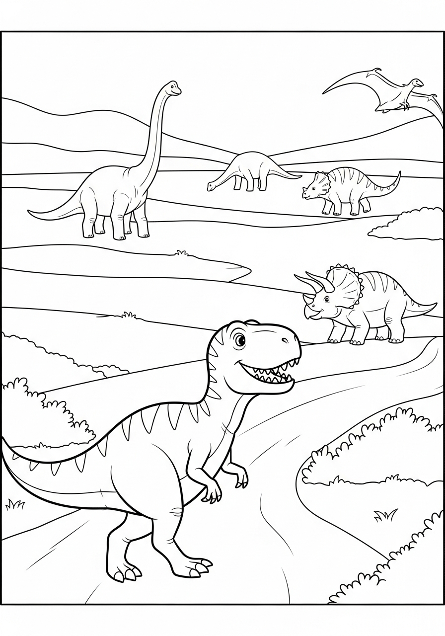 Dinosaurus kijkt rond in een landschap vol andere dino's kleurplaat