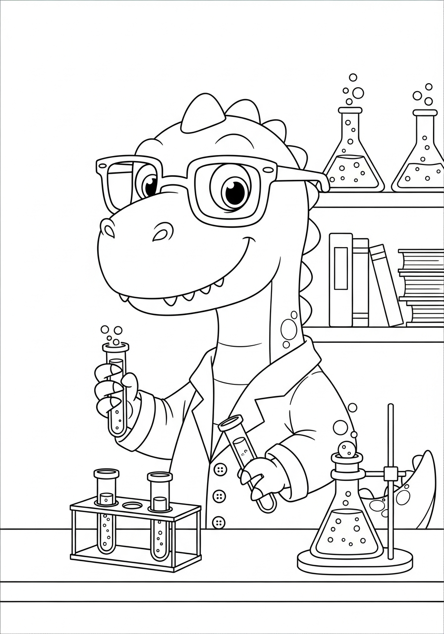 Cartoon dinosaurus met bril onderzoekt buisjes in een laboratorium kleurplaat