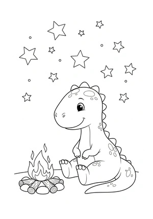 Dinosaurus bij een kampvuur met sterrenhemel kleurplaat