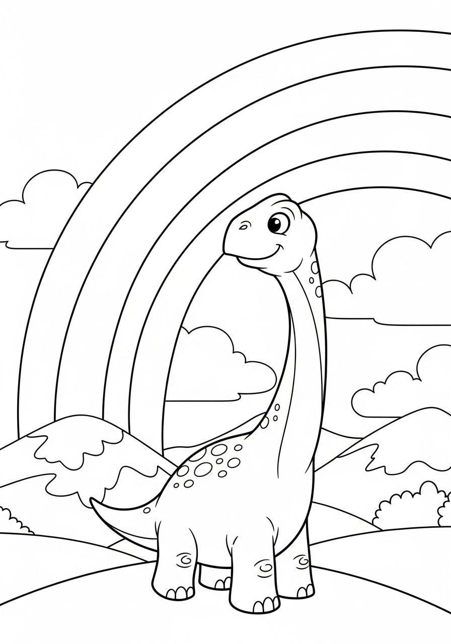 Dinosaurus kijkt naar een grote regenboog boven de heuvels kleurplaat
