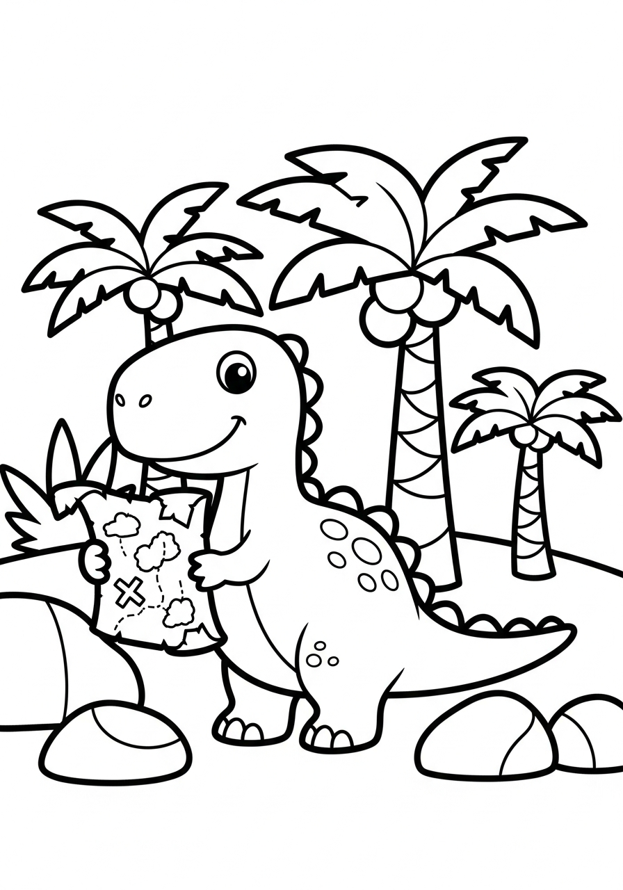 Dinosaurus houdt een schatkaart vast in een prehistorisch landschap kleurplaat