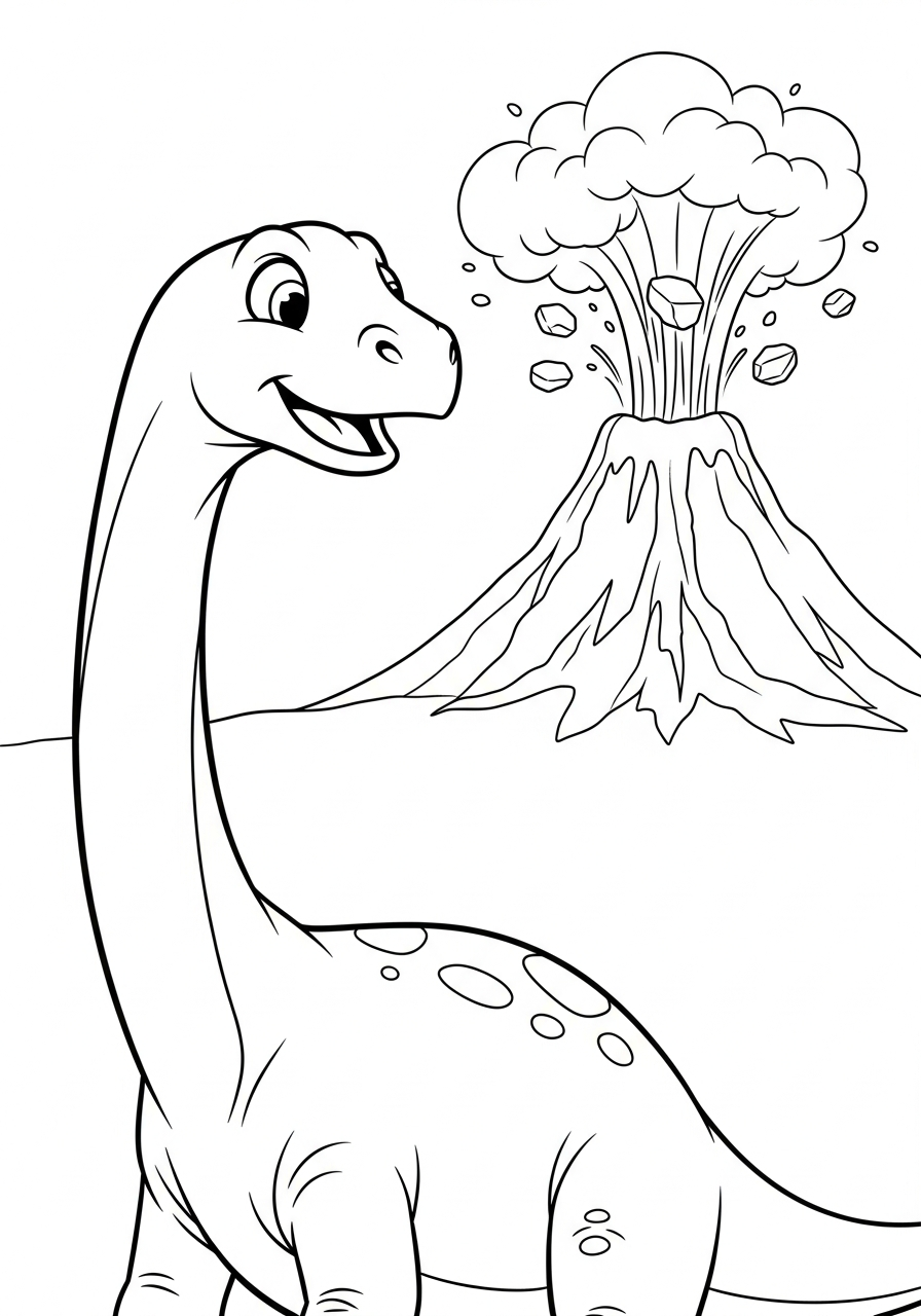 Dinosaurus kijkt om naar een uitbarstende vulkaan in de verte kleurplaat