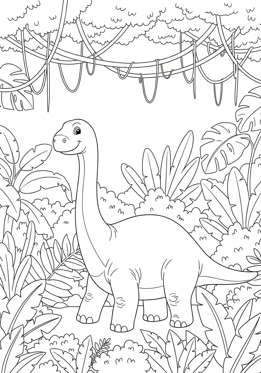 Dinosaurus loopt door een dichte jungle met lianen en grote bladeren kleurplaat