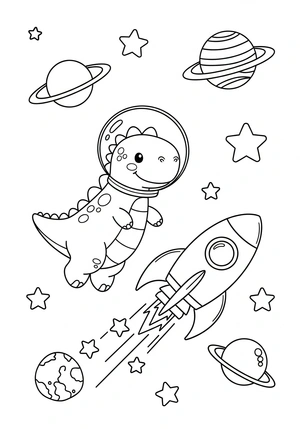 Dinosaurus in de ruimte met raket kleurplaat