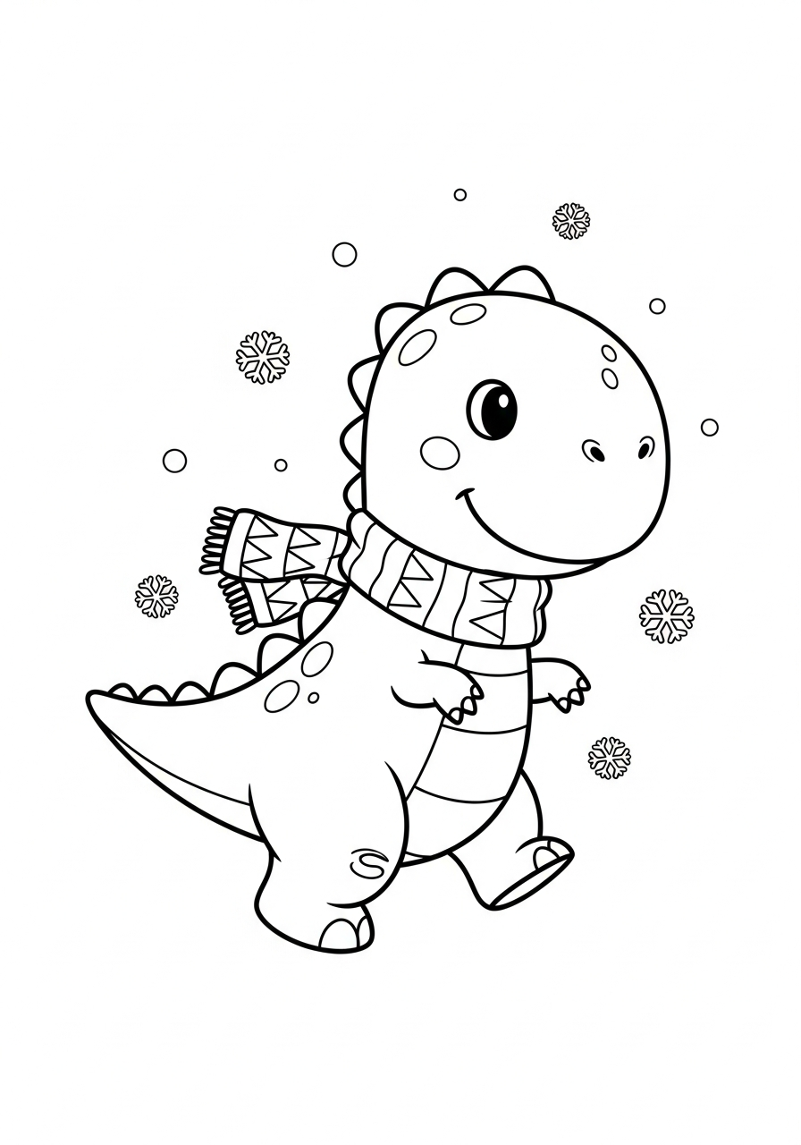 Vrolijke dinosaurus met sjaal loopt door een sneeuwlandschap kleurplaat