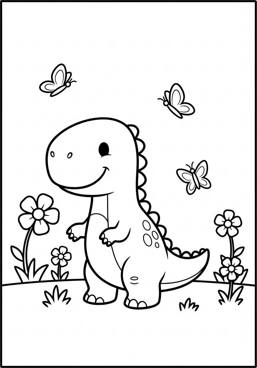Vriendelijke dinosaurus staat in een veld vol bloemen en vlinders kleurplaat