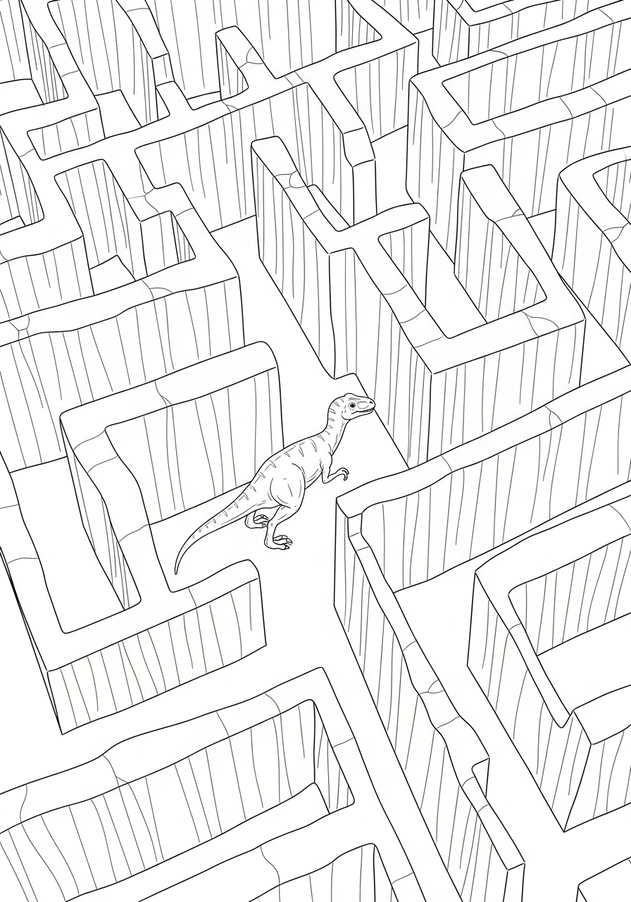 Dinosaurus zoekt de weg in een doolhof van hoge rotsmuren kleurplaat