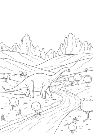 Dinosaurus in een prehistorische vallei kleurplaat