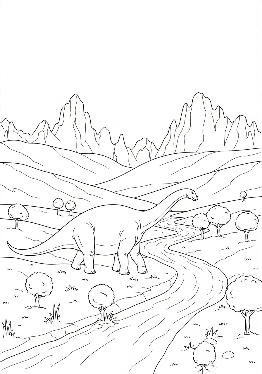 Dinosaurus loopt door een brede vallei met bergen en rivier kleurplaat