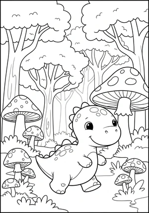 Dinosaurus in een sprookjesachtig bos kleurplaat