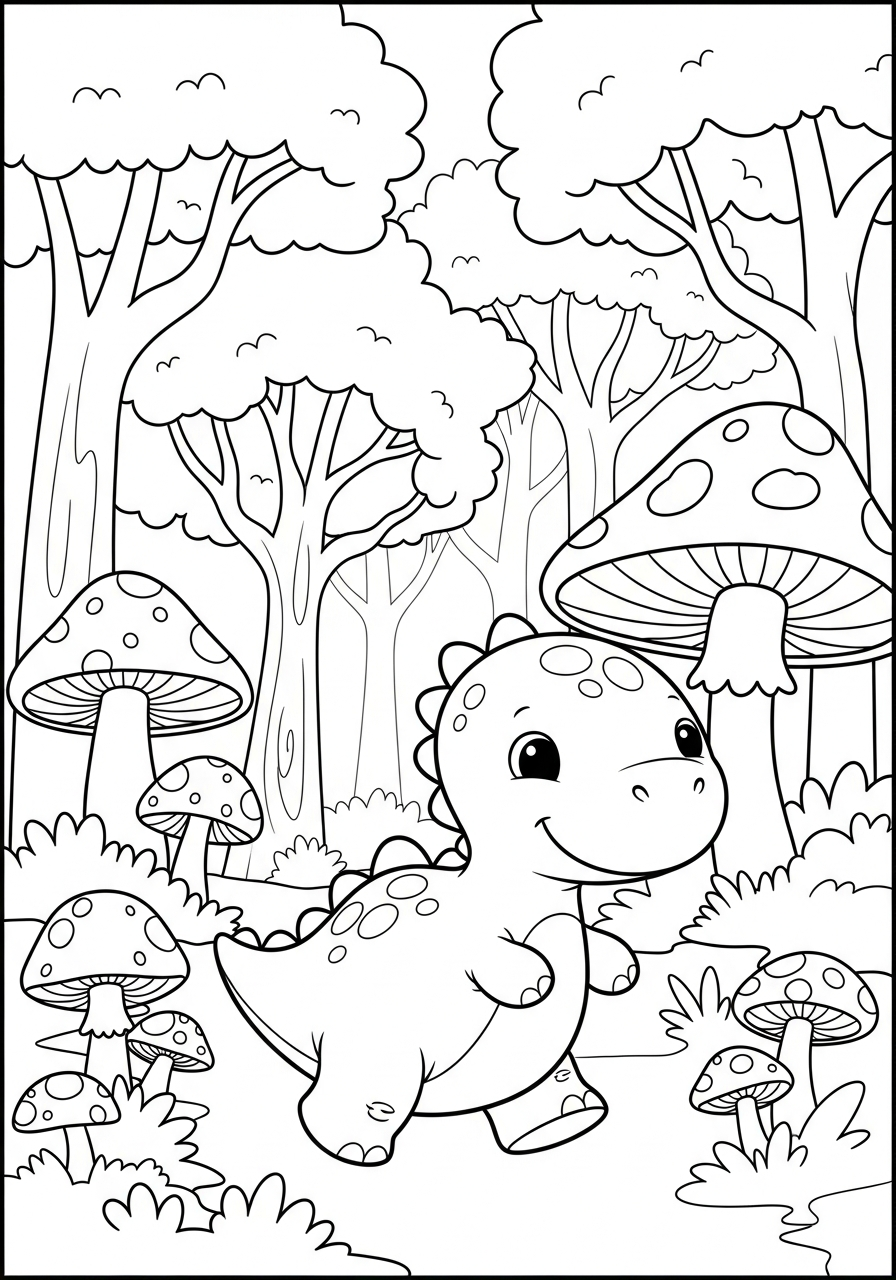 Vrolijke dinosaurus loopt door een sprookjesbos met grote paddenstoelen kleurplaat