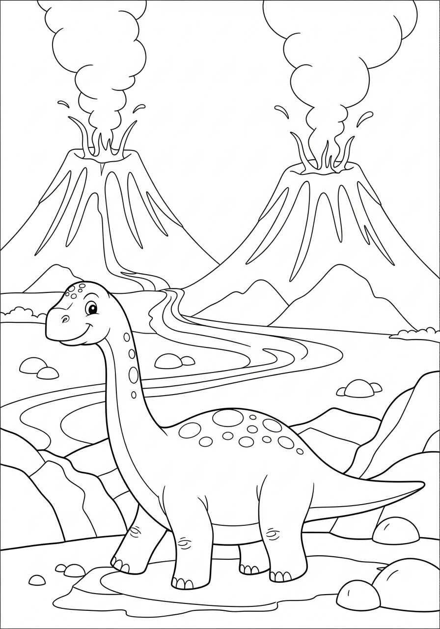 Dinosaurus loopt voor een rokende vulkaan met lavastromen op de achtergrond kleurplaat