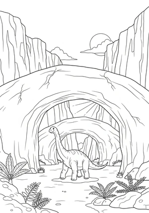 Dinosaurus tussen prehistorische rotsbogen kleurplaat