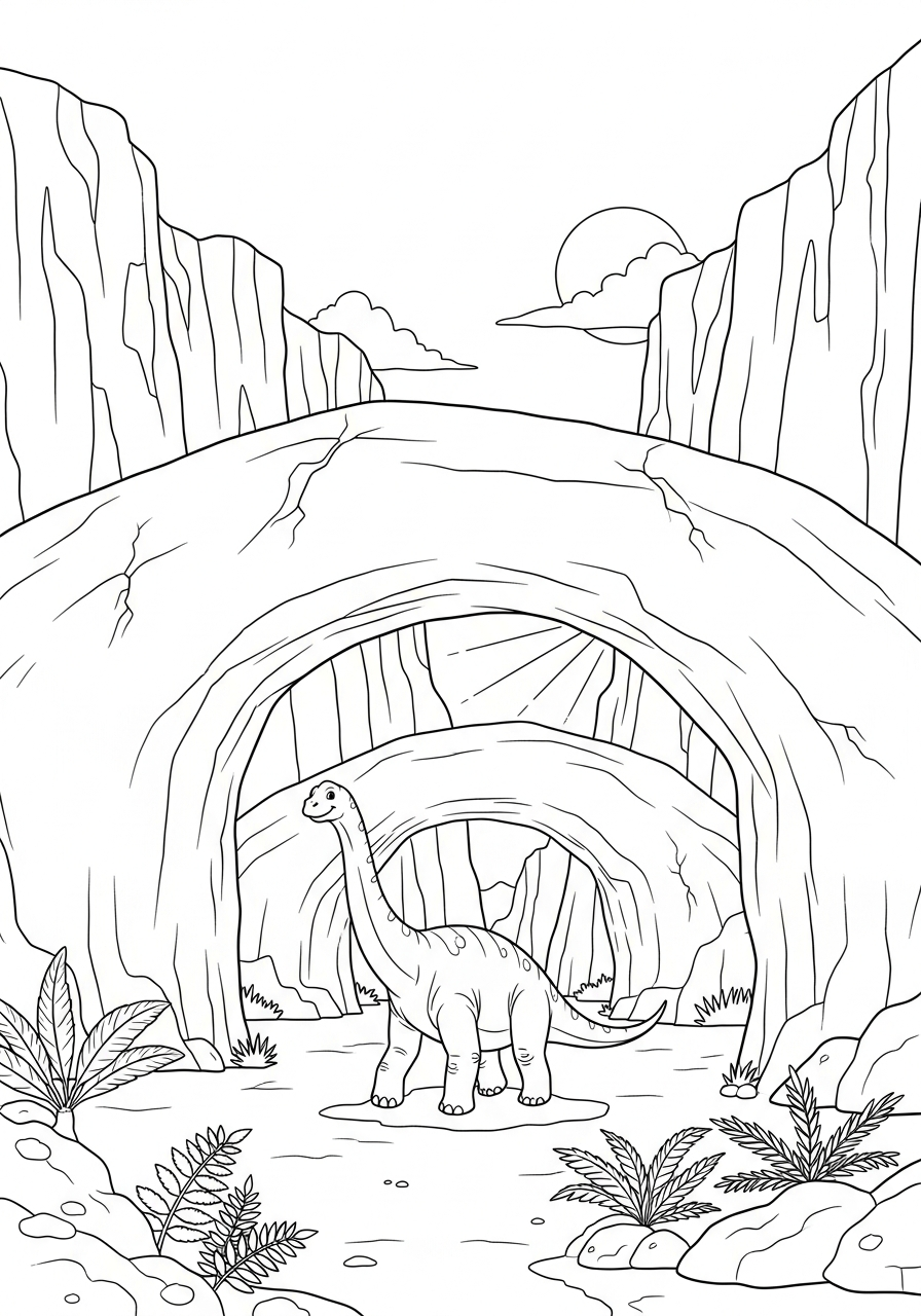 Dinosaurus loopt onder grote natuurlijke rotsbogen door kleurplaat