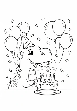 Dinosaurus viert verjaardag met taart kleurplaat