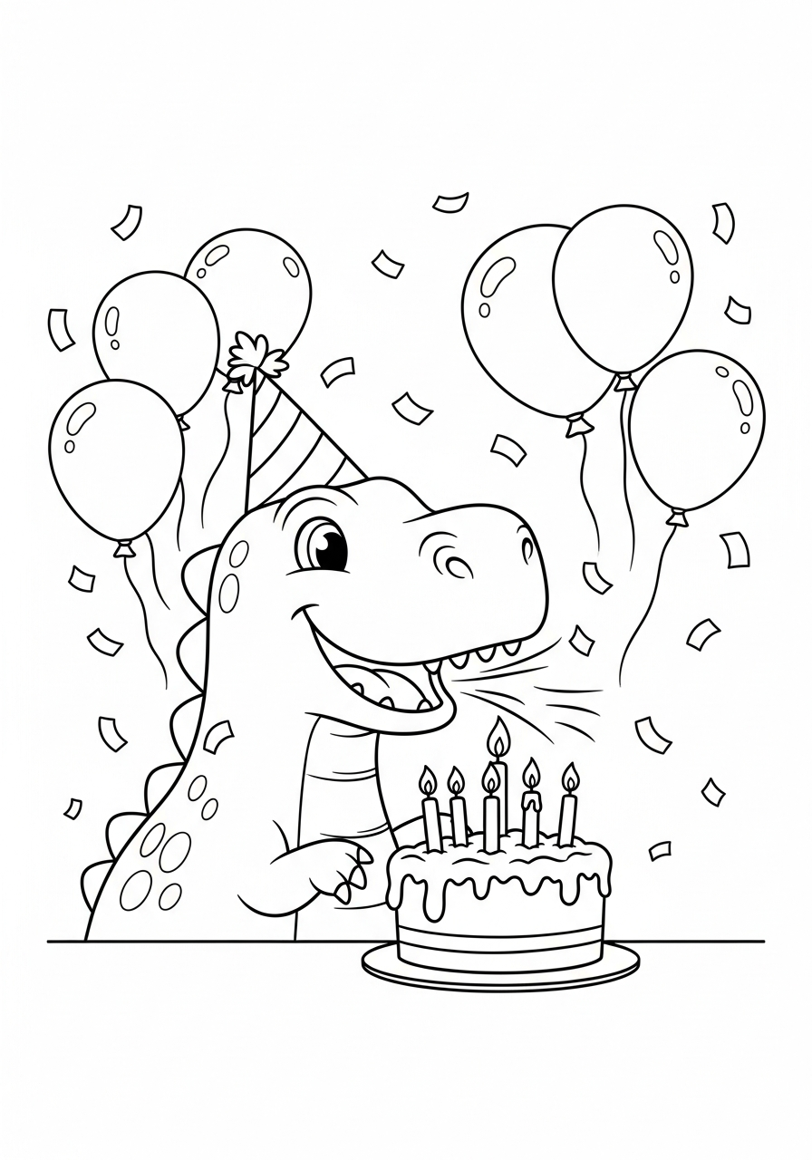 Vrolijke dinosaurus blaast kaarsjes uit op een verjaardagstaart kleurplaat