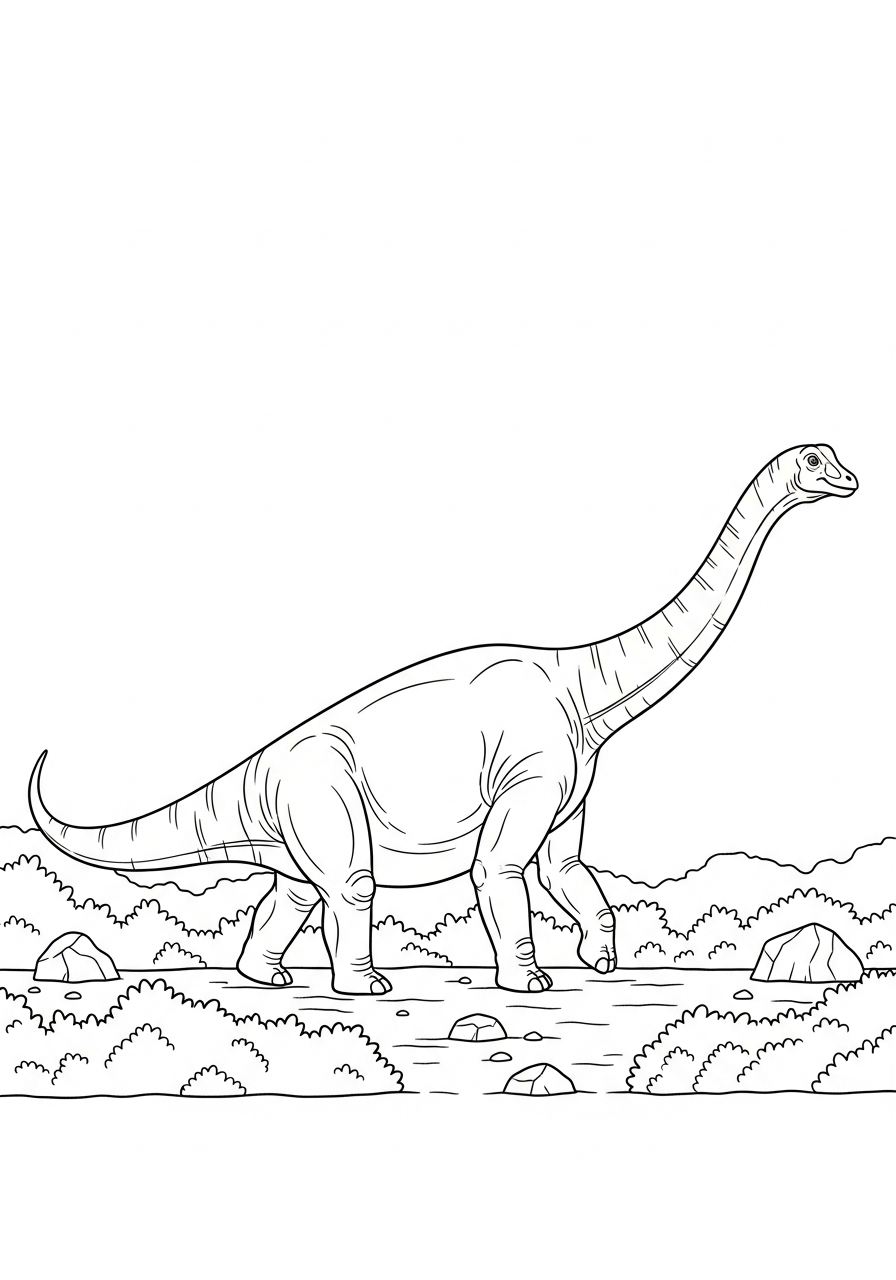 Diplodocus met lange nek en staart loopt langs lage struiken kleurplaat