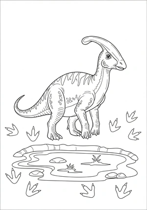 Parasaurolophus bij een modderpoel kleurplaat