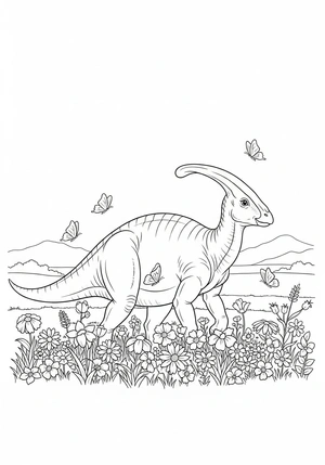 Parasaurolophus in een bloemenweide kleurplaat