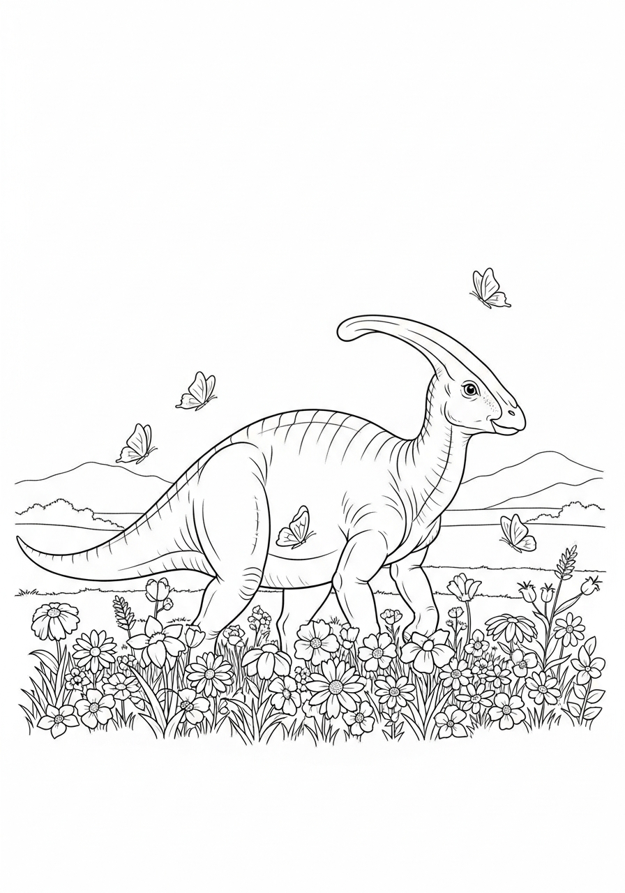 Parasaurolophus loopt door een weide vol bloemen en vlinders kleurplaat